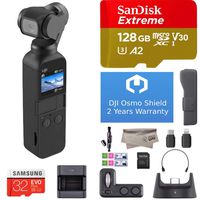 2019 DJI Osmo Pocket Handheld 3 Axis Gimbal Stabilizer with Integrated Camera, OSMO Shield(2 Years Warranty), Comes 128GB Extreme, Attachable to Android(USB Type C), iPhone, Smartphone Require