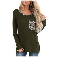 Sunhusing Ladies Stylish Leopard Pocket Stitching Round Neck Casual Long Sleeve Pullover Loose T-Shirt Tops(Green,S)