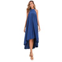 Sunhusing Ladies Sexy Sleeveless Backless Halter Small Floral Printed Irregular Flowy Swing Beach Dress(Dark Blue,2XL)
