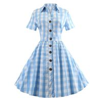 Fashion Women Dress Vintage Plaid Retro Ball Gown Short Sleeve Swing Evening Party Beach Dress Light Blue