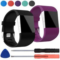 EEEKit 2-Pack Premium Silicone Replacement Wristband Strap with Metal Buckle Clasp for Fitbit Surge Watch Fitness Tracker, Including Screwdriver Tools Kit (Black+Deep Purple)