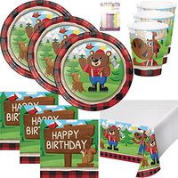 Little Lumberjack Bear Party Supplies Pack Serves 16: Dinner Plates, Luncheon Napkins, Cups, Table Cover and Birthday Candles