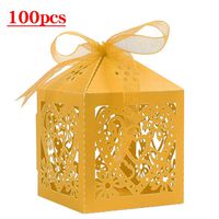 Lucky Monet 25/50/100PCS Love Heart Laser Cut Wedding Candy Gift Box Chocolate Box for Wedding Favor Birthday Party Bridal Shower with Ribbon (100pcs, Yellow)