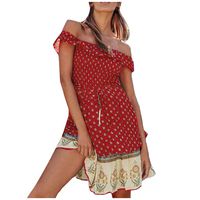 Sunhusing Ladies Vacation Style Sexy Cold Shoulder Short Sleeve Small Floral Printed Lace-Up Sweet Dress(Red,M)