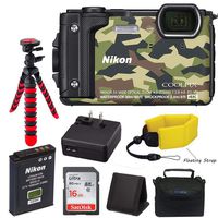 Nikon W300 Camo Waterproof Underwater Digital Camera (Camouflage) with 16GB SD Card, Floating Strap, Flexible Tripod Camera Case and Accessory Bundle