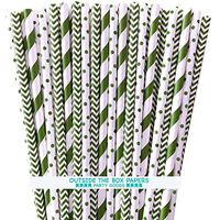 Paper Drinking Straws- Green and White - Stripe Chevron Polka Dot - 7.75 x .25 Inches - 75 Pack - Outside the Box Papers Brand