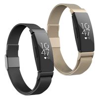 POY Compatible with Fitbit Inspire Hr Bands, Stainless Steel Replacement for Fitbit Inspire and Ace 2 Metal Loop Bracelet Sweatproof Wristbands for Women Men 2 Packs Black Champagne Large