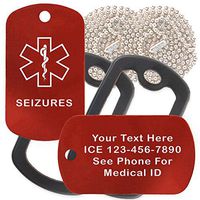 Custom 2 Pack - Seizures Medical Alert ID Necklaces with Red Custom Tags, Black Silencers, and 30'' USA Chains