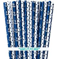 Nautical Theme Anchor and Polka Dot Nautical Theme Paper Straws - Navy Blue and White - 7.75 Inches - 100 Pack