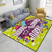 Live Laugh Love Plants Area Rug Slip Pad, Cartoon Style Line Art Figures Stars Cubes Circles and Hearts Cheerful, Durable Rugs - Living, Dinning, Office, Rooms & Bedrrom, Hallway Carpet(2.5'x 7')