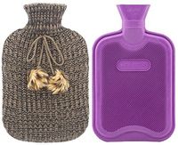 Premium Classic Rubber Hot Water Bottle and Blending Knit Cover with Pom Pom Decor (Gray)