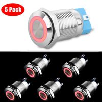 Linkstyle 5Pcs DC 12V/24V Metal Latching Push Button Switch, 4 Pin Car RV Truck Boat SPDT ON/OFF Switch, Waterproof Self-Locking Round Marine Switch with Red LED Light for 12mm 1/2" Mounting Hole