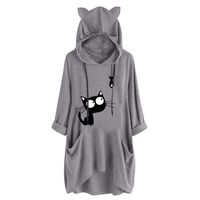 Sunhusing Womens Cute Lazy Lying Cat Printed Solid Color Long Sleeve Sweatshirt Cat Ear Hooded Pocket Tunic Tops