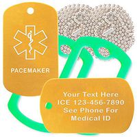 Custom 2 Pack - Pacemaker Medical Alert ID Necklaces with Gold Custom Tags, Green Silencers, and 30'' USA Chains