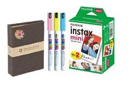 Premium Fujifilm Instax Mini Twin Packs Camera Film & Brown Photo Album [20 Total Pictures] | Bonus 3 Posca Pens [Blue - Pink - Yellow] For Writing, Drawing & Decorating | Create Nostalgic Memories