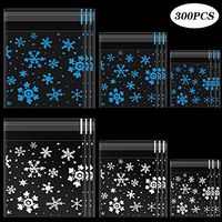Moretoes 300pcs Christmas Cookie Bags Cellophane Bags, 3 Size Plastic Treat Bags, Bakery Candy Gift Bags, White and Blue Snowflake Pattern