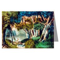 12 Notecards of Currier And Ives Handcolored Lithograph depicting the scene"Lake In The Woods".
