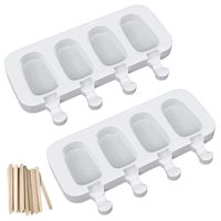 Ouddy Popsicle Molds Set of 2, Silicone Ice Pop Molds 4 Cavities Homemade Ice Cream Mold Oval with 50 Wooden Sticks for DIY Ice Cream