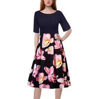 【MOHOLL】 Women's Vintage Patchwork Pockets Puffy Swing Casual Party Dress Watermelon Red