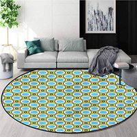 RUGSMAT Geometric Modern Machine Round Bath Mat,Retro Circle and Dots Design Non-Slip Fabric Round Rugs for Living Room Diameter-51