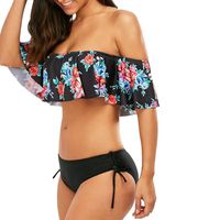 Women Two Piece Off Shoulder Floral Ruffled Flounce Crop Bikini Top with Print Tie Sides Bottoms (Black, XL)