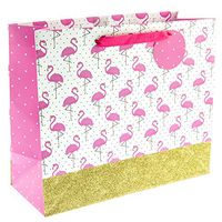 Graphique Dipped Flamingo Large Gift Bag - Colorful Polka-Dots and Pink Flamingo Pattern with Embellished Gold Glitter, Includes Grosgrain Pink Ribbon Handles and Coordinating Gift Tag, 12.5" x 10.5"