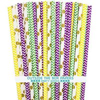Mardi Gras Theme Paper and Foil Straws - Chevron Polka Dot St Patricks Day - Green Purple Yellow Gold - 100 Pack Outside the Box Paper Brand