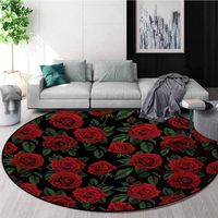 Rose Modern Machine Washable Round Bath Mat,Love Valentines Day Retro Petals with Leaves Ornamental Growth Pattern Non-Slip Living Room Soft Floor Mat,Diameter-55 Inch Ruby Hunter Green Black