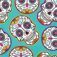 Club Pack of 192 White and Teal Blue Day of the Dead 2-Ply Beverage Square Napkins 12.8"