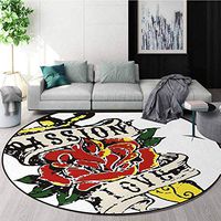 Rose Modern Machine Washable Round Bath Mat,Vintage Flower and Dagger in Tattoo Art Style Gothic Passion and Love Theme Non-Slip Soft Floor Mat Home Decor Round-71 Inch,Scarlet Yellow Green