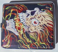 Metal Cigarette Case Fire Breath Skull Design - Book Open Style - 100s Size - H18