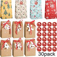 30 Pack Christmas Gift Bags with 24 Christmas stickers Reusable Craft Paper Boxes with 6 Ribbon Assorted Christmas Design Goodies Bags for Holiday Gift Candies Cookies Wrapping, 10 Styles