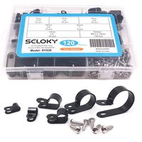 Seloky 120 Pcs Black Nylon Screws Plastic R-Type Cable Clamp Clips（6 Sizes 5mm to 25mm），Fasteners Assortment for Cable Conduit (Equipped with 120 Screws)