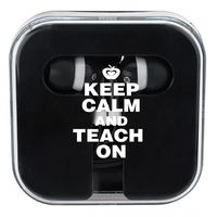 Teacher Appreciation "Keep Calm and Teach On" Ear Buds, 2 ½ inch Square Case with 48 inch Long Cord
