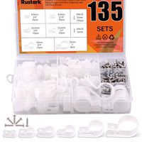 Rustark 135 Pcs Cable Clamp 6 Size White Nylon R-Type Cord Wire Organizer Clips Fasteners Assortment kit with 135 Pack Screws for Wire Management