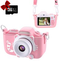 Kids Camera Cartoon Shockproof Silicone Case with 16GB SD Card 12MP Front and Rear Selfie Digital Cam HD 2.0" Screen Camcorder Rechargeable Video Recorder Gifts for 3-12 Boys and Girls (Pink)