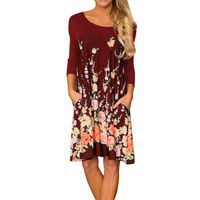 Goddessvan Womens Casual Long Sleeve Print Pocket Dress Loose O Neck Dress (Red, XL)