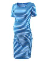 Liu & Qu Women's Maternity Bodycon Ruched Side Dress Casual Short & 3/4 Sleeve Dress for Daily Wearing Or Baby Shower (Blue White Stripe, L)