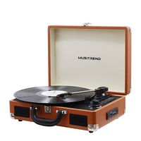 MUSITREND Record Player Portable Suitcase Turntable with Built-in Speakers, USB/SD Recorder, Rechargable Battery, Headphone Jack, RCA line Out, Brown