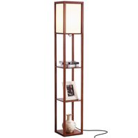 Brightech Maxwell - Modern LED Shelf Floor Lamp - Skinny End Table & Nightstand for Bedroom - Combo Narrow Side Table with Standing Accent Light Attached - Asian Tower Book Shelves - Walnut Brown