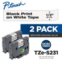 Brother Genuine P-Touch 2-Pack TZe-S231 Laminated Tape, Black Print on White Extra Strength Adhesive Laminated Tape for P-Touch Label Makers, Each Roll is 0.47"/12mm (~ 1/2") Wide, 26.2 ft. (8M) Long