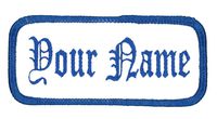 Name Patch Uniform Work Shirt Personalized Embroidered White with Blue Border. Sew on.