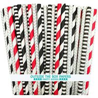 Outside the Box Papers Black Star Wars Theme Stripe and Chevron Paper Straws 7.75 Inches 100 Pack Black, Red, Silver, White