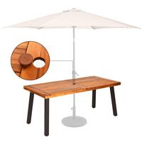 Giantex Patio Dining Table with Umbrella Hole, Outdoor Picnic Table for Backyard, Garden, Lawn, Farmhouse, Acacia Wood Rectangular Table with Metal Legs, Rustic Brown and Black