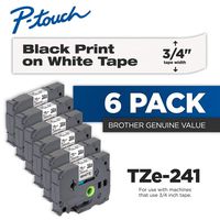 Brother Genuine P-Touch 6-Pack TZe-241 Laminated Tape, Black Print on White Standard Adhesive Laminated Tape for P-Touch Label Makers, Each Roll is 0.7"/18mm (~ 3/4") Wide, 26.2 ft. (8M) Long