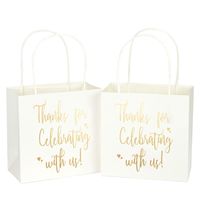 LaRibbons Small Size Gift Bags - Gold Foil"Thanks for celebrating with us" White Paper Bags with Handles for Wedding, Birthday, Baby Shower, Party Favors - 12 Pack - 6.5" x 3.5" x 6.5"
