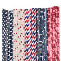 Patriotic Paper Straws Mix - Red, White and Blue - Anchors, Stripe, Stars, Polka Dots (75)