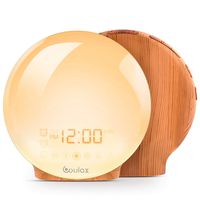 COULAX Wake Up Light LED Alarm Clock with Sunrise/Sunset Simulation Dual Alarm Clocks and Snooze Function 7 Colorful Atmosphere Lamp 7 Nature Sounds with FM Radio,Wood Grain Bedside Lamp Ideal Gift