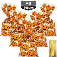 Hestya 50 Counts 15 x 25 cm Flat Clear Cellophane Treat Bags Block Bottom Pumpkin Halloween Patterned Storage Bags Sweet Bags with 300 Pieces Twist Ties for Halloween Christmas Party Favor(Style D)