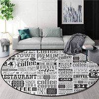 DESPKON-HOME Vintage Round Rugs for Bedroom,Mega Set of Retro Coffee Labels and Typography Icons Emblem Collection Circle Rugs for Living Room Round-63 Inch,Charcoal Grey Pale Grey